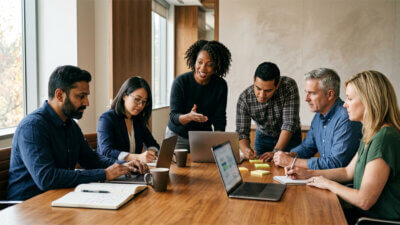 A group of people running an in person workshop training